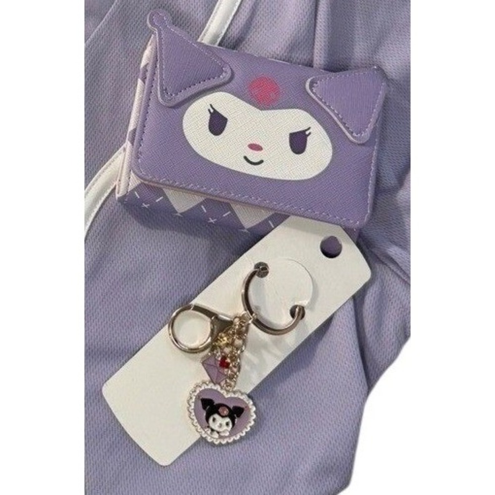 Sanrio Kuromi Purple Argyle Trifold Wallet and Enamel Heart Keychain Set